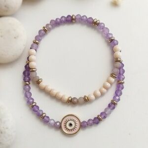 2 Purple Quartz & Sunstone Beaded Stretchy Bracelets